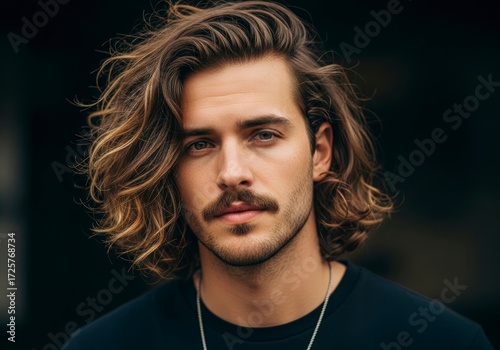 A portrait of a man with long wavy brown hair and a mustache against a dark background