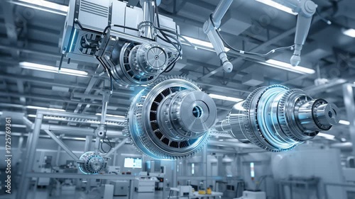 Futuristic engine manufacturing technology on robot assembly line, powerful innovation in industrial automation for high tech aerospace and automotive industry production