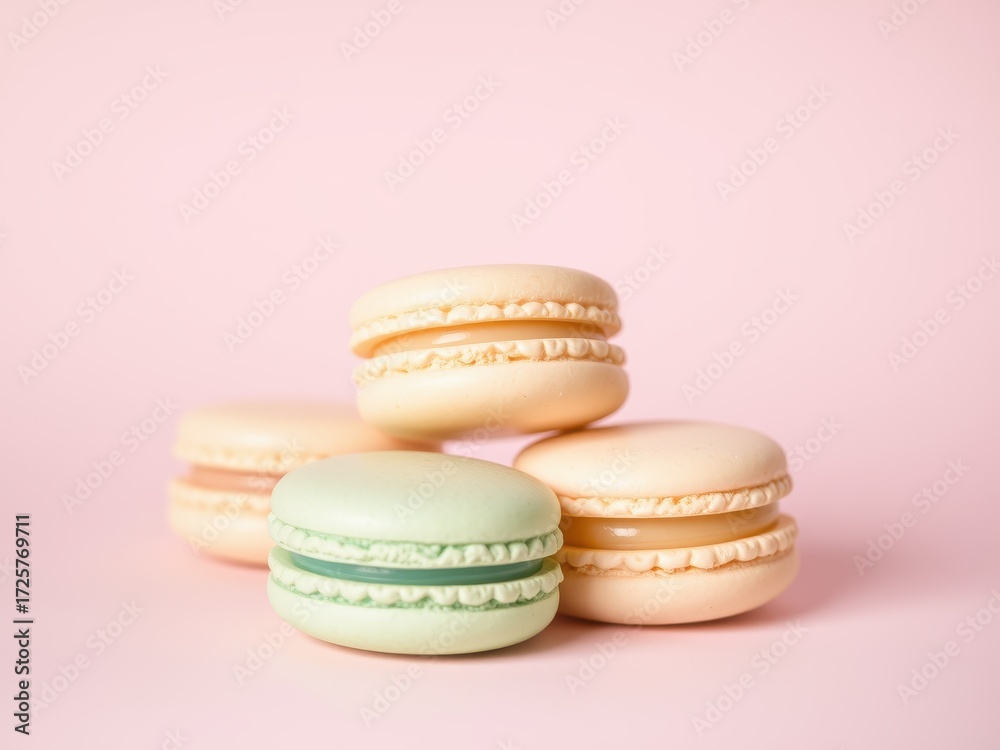 Obraz premium Pastel perfection: a tempting stack of macarons on a soft pink background.