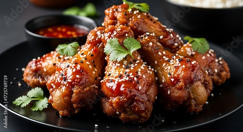 Delicious and spicy korean fried chicken wings on a black plate