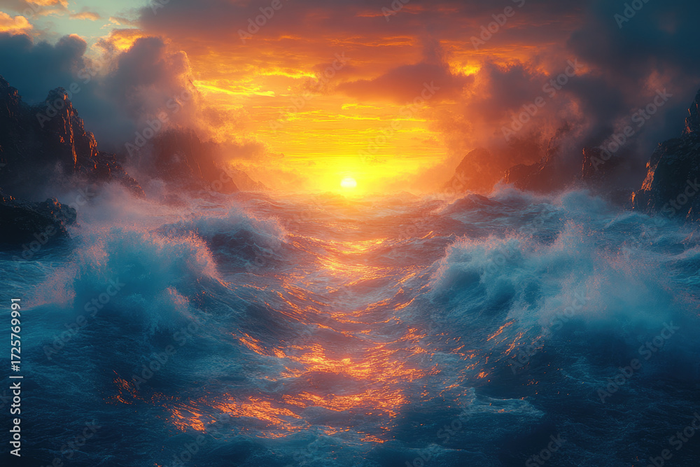 Fototapeta premium Ultra-Realistic Ocean Scene with Cinematic Lighting and Crashing Waves