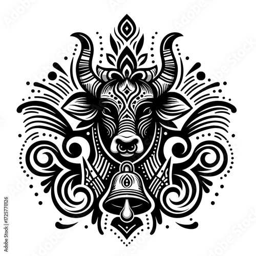 Sacred cow with decorative patterns and bell design, vector  