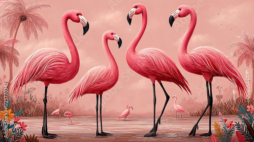 A serene illustration of pink flamingos standing in shallow water, with smaller birds and tropical plants
