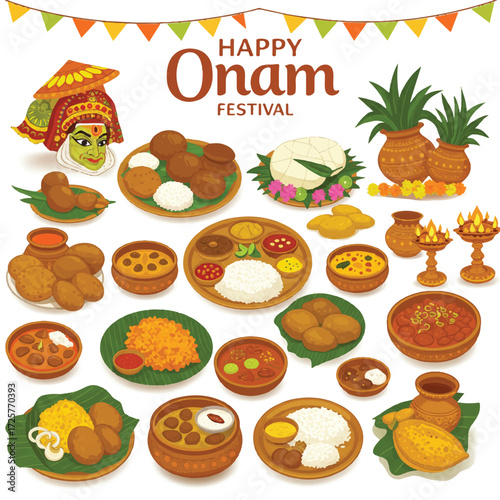 Onam festival's vibrant traditional food spread, with colorful Kerala dishes, is beautifully captured in a 2D flat vector illustration on a white background, celebrating culture.