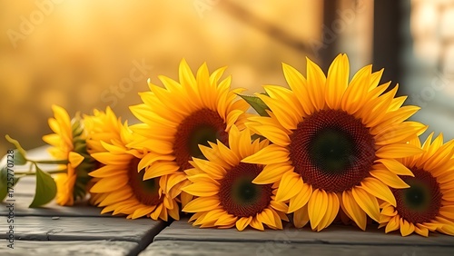 Sunflowers resting on weathered wood, bathed in warm golden sunlight with a softly blurred background.