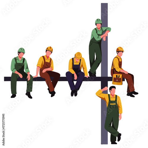 Illustration of construction workers taking a break on a beam.