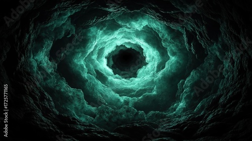 Teal-toned cave interior with a deep dark opening, water-eroded textures and layered structures creating strong depth, mysterious light for an unreal awe-inspiring atmosphere