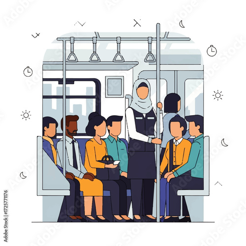 Illustration of people riding on a train or subway car.