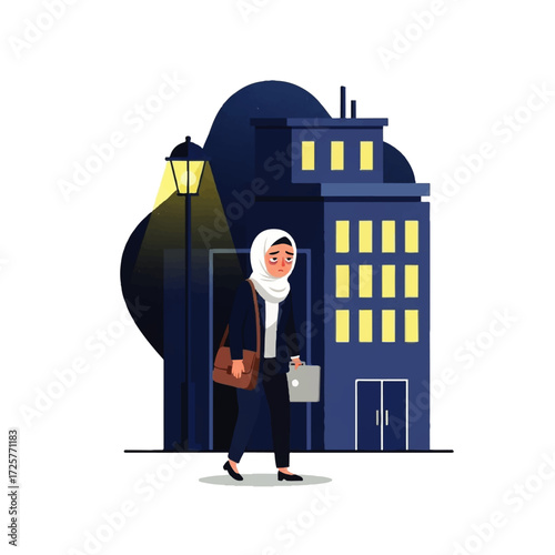 Illustration of a woman in hijab walking in the city at night.
