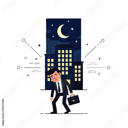 Tired businessman walking home at night after work.
