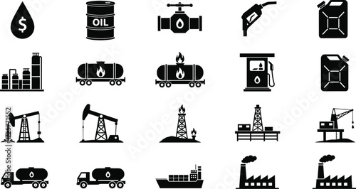 Oil and gas industry icons, energy infrastructure symbols, petroleum extraction graphics, fuel transport illustrations, refinery silhouette set, black and white design