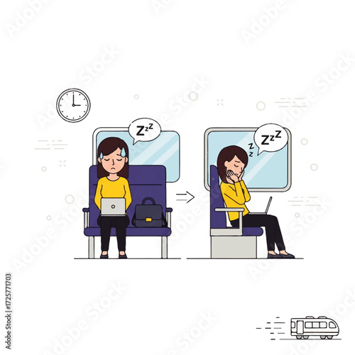 Woman working on train, then falling asleep on her commute.