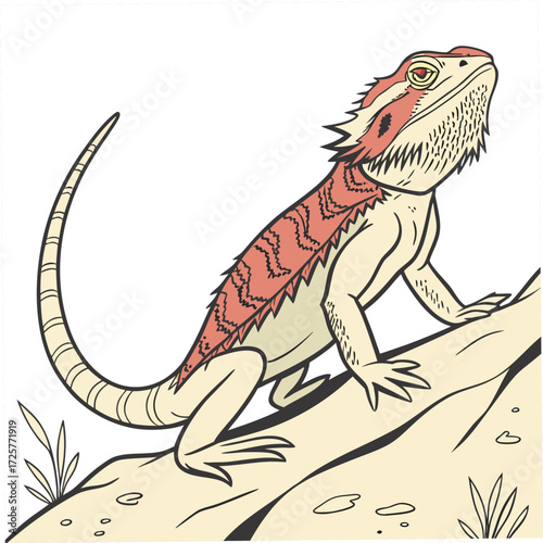 Cartoon bearded dragon reptile on a rock with plants lizard animal