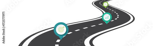 Winding road timeline concept. Roadmap infographic presentation layout. Way location, highway, timeline milestone, marketing data presentation concept template.