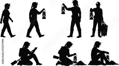 Silhouette, miner, worker, labor, industry, mining, helmet, lantern, shovel, digging, sitting, kneeling, walking, posture, activity, motion, job, task, body, pose, action