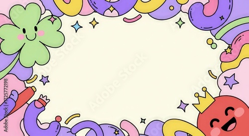 Colorful doodle frame with a clover heart stars  various shapes on a cream background