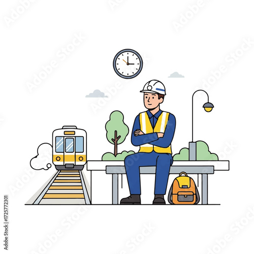 Man in hard hat waiting for train at station.