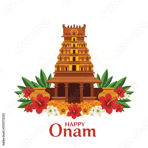 Vibrant Onam celebration depicted in a cheerful 2D flat vector illustration, showcasing a traditional temple adorned with colorful flowers against a clean white background.