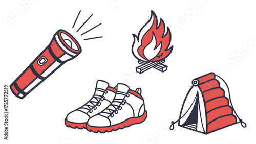 Camping Equipment: Flashlight Campfire Hiking Boots and Tent Illustration.