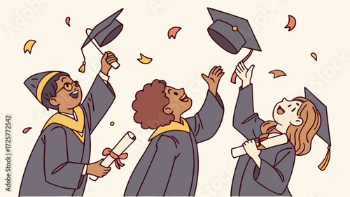 Diverse graduates joyfully toss caps and diplomas in celebration.