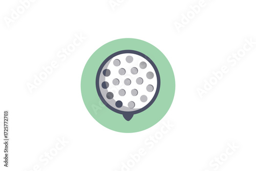 Close up view of a golf ball with dimples magnified within a green circular frame showing a sharp focus on the texture