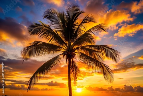 Tropical beach sunset with palm trees and ocean view