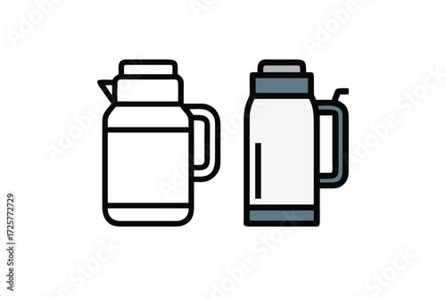 Two stylized modern cartoon illustrations of insulated thermoses with handles and spouts for hot or cold beverages