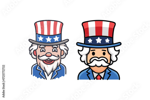 Two patriotic uncle sam characters wearing iconic red white and blue striped hats with stars on white background