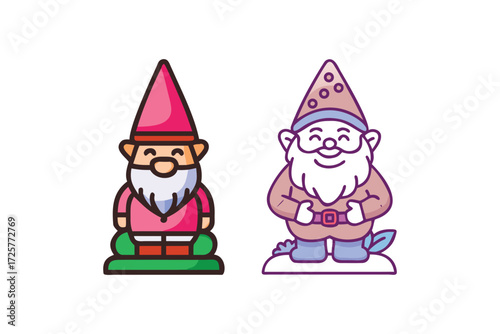 Two charming cartoon garden gnomes with pointed hats and long white beards standing cheerfully against a white background