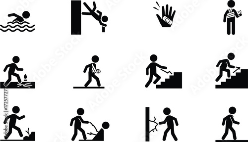 Safety hazard icons, injury risk symbols, workplace accident illustrations, fall prevention graphics, emergency aid silhouettes, caution signage, health and safety awareness