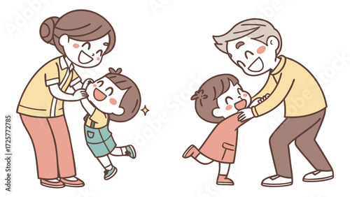 Joyful cartoon families embracing and playing together happily.
