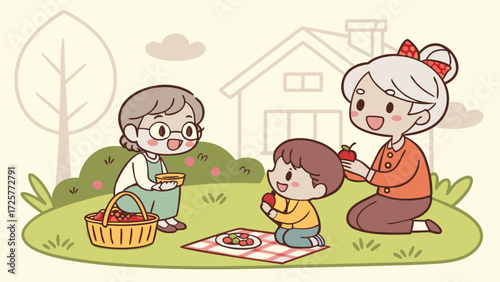 Cute cartoon illustration of two grandmothers and a child enjoying a happy family picnic with fresh apples.