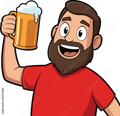 Cartoon man with beard holding a frothy beer mug drink