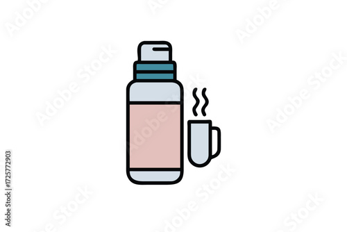 Illustration of a light pink and blue insulated thermos flask with a steaming mug next to it on a white background