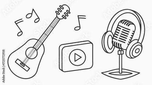 Outlined Music Icons: Acoustic Guitar Play Button Microphone with Headphones Notes.