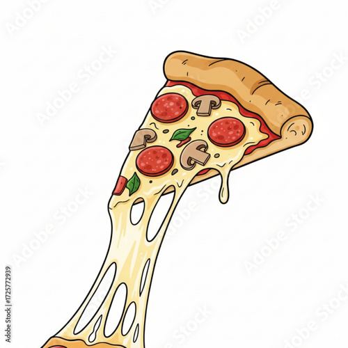 An illustration of a cheesy pizza slice with pepperoni, mushrooms, and basil toppings.