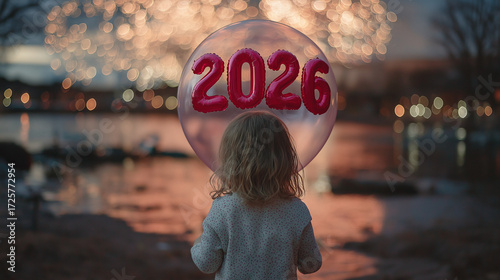 Young child holding 2026 balloon while watching fireworks by water  