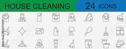 House cleaning icons with mop, broom, bucket, brush, sponge, vacuum, sanitize, hygiene, detergent, spray, shine, laundry, bathroom, window, vector set
