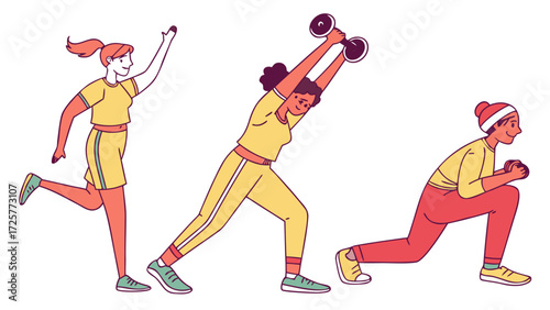 Three women in athletic wear performing various exercises with weights.