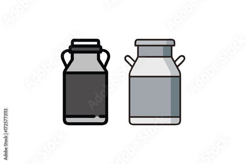 Two vintage metal milk cans with handles and lids isolated on a white background representing dairy farming and traditional beverage containers