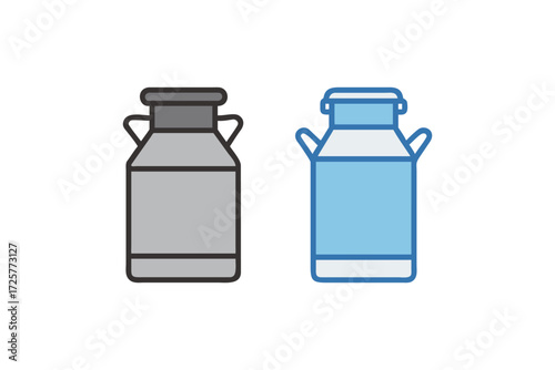 Two vintage milk cans side by side one gray outline and one blue filled icon representing dairy products