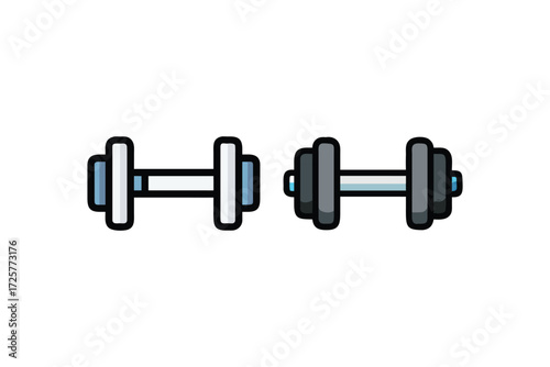 Two stylized cartoon dumbbells with blue and gray weights and handles on a white background for fitness and exercise concepts