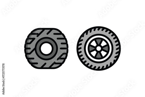 Two distinct stylized cartoon tires shown side by side with different tread patterns and wheel designs