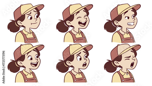 Cartoon Girl in Various Expressions Wearing Cap and Overalls.