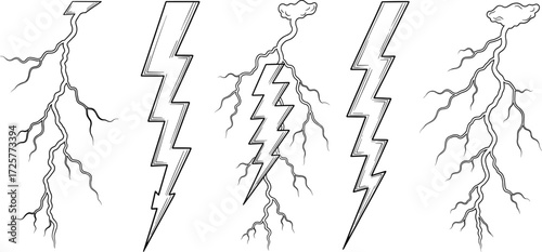Stylized lightning bolt illustration set, electric energy symbol variations, cloud and bolt graphic design, natural and geometric thunder icon collection