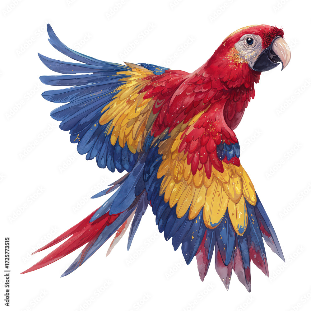 Fototapeta premium Colorful Parrot Flying Through a Bright Blue Sky in a Tropical Landscape