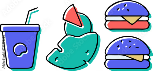 Colorful Fast Food Icons: Drink Pizza Slice and Burgers Illustration.