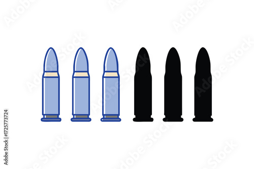 A stark visual contrast of three light blue and three black bullets arranged in a row against a white background