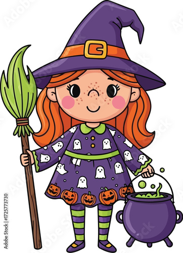 A cartoon witch with a broom and cauldron wearing a hat and dress on a white background illustration