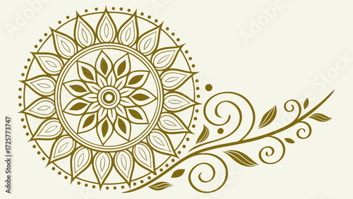 Stylized golden mandala with intricate floral vine and leaf pattern traditional ornamental design element.